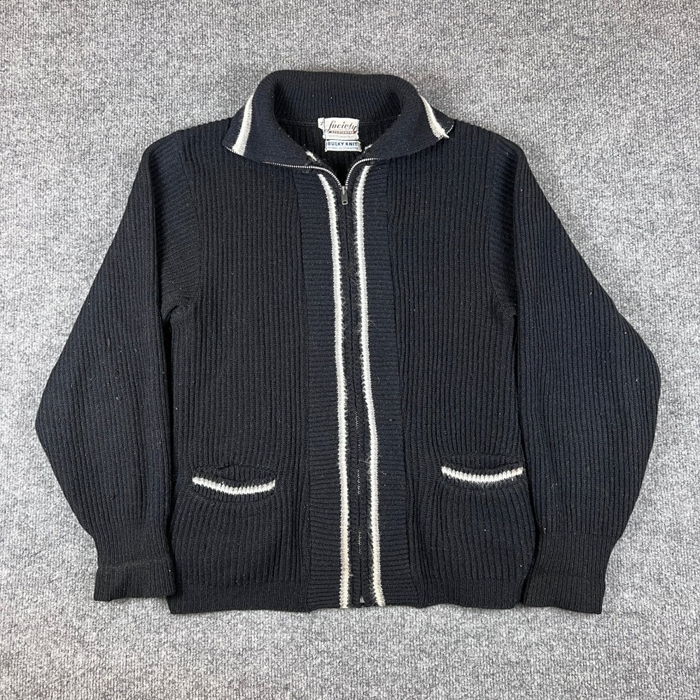Vintage 50s Society Sportswear Cardigan Sweater Mens S Black Knit Full Zip Talon